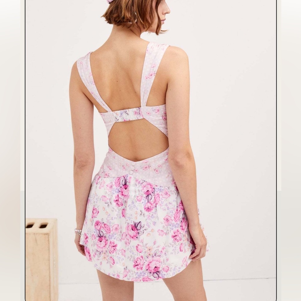 for Love & Lemons Ladies Taylor Lace-Up Satin Bustier Mini Dress Purple Floral